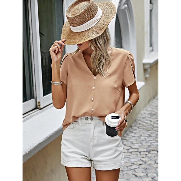 Women Short Sleeve Blouse Chiffon 2025 Summer Casual Work Pearl V Neck - Picture 4 of 7